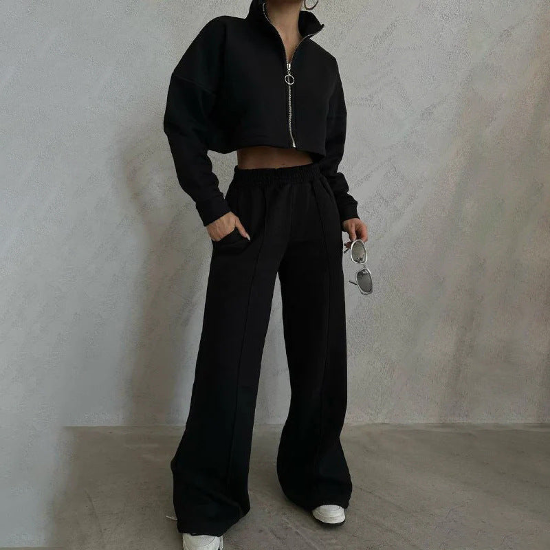 Damen nan kurzes Reißverschluss-Crop-Sweatshirt mit Stehkragen und hochtaillierter Jogginghose Set Drune