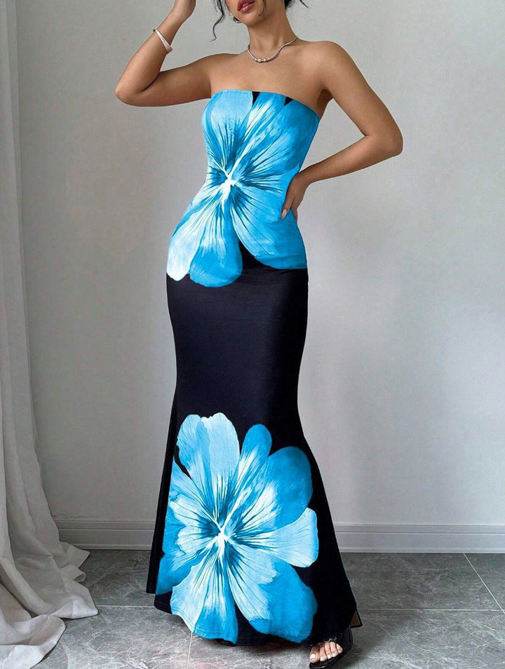 Damen Strapless Maxikleid mit floralen Akzenten und elegantem Slim-Fit Drune
