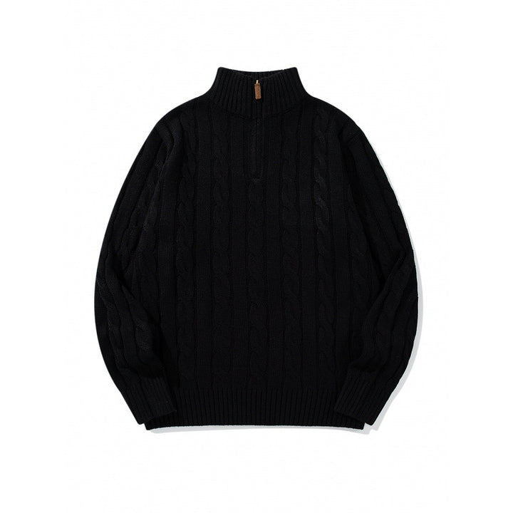 Unisex Grobgestrickter Halbreißverschluss-Zopfmuster-Pullover mit Stehkragen und gerippten Abschlüssen Drune