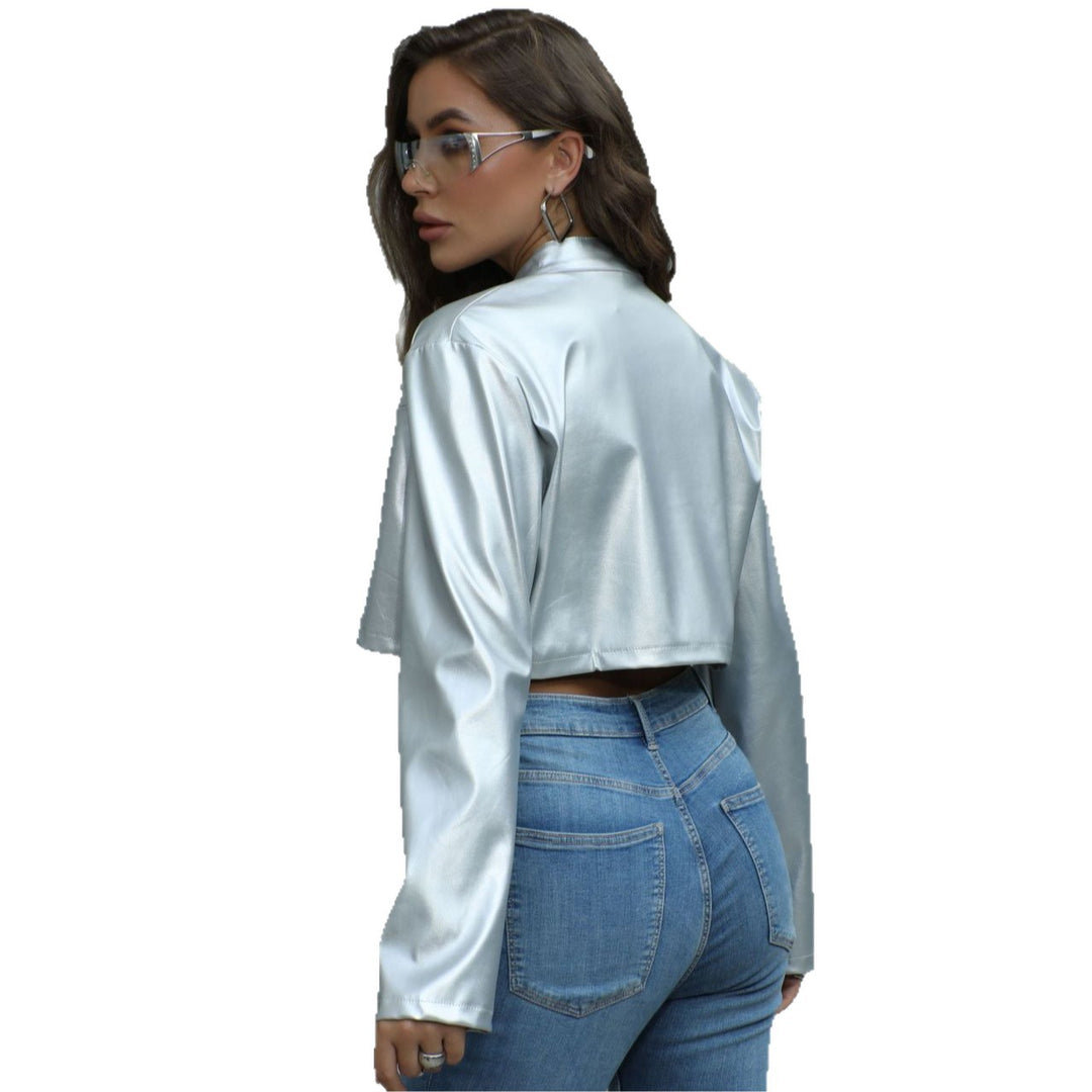 Damen Kurze glänzende Kunstleder-Bikerjacke mit Stehkragen Drune