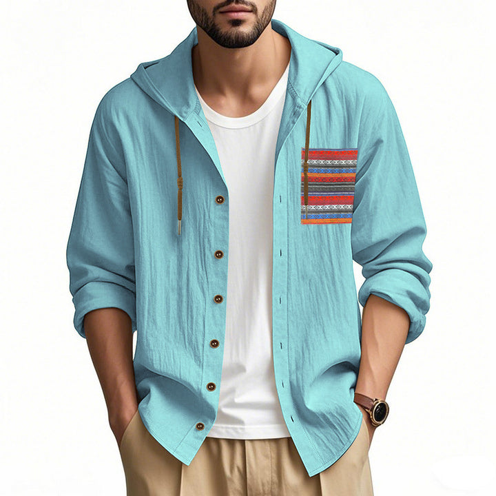 Herren nan leichte Kapuzenhemdjacke aus strukturierter Baumwollmischung mit Ethno‑Brusttasche und Knopfleiste Drune