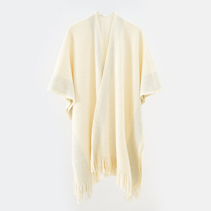 Damen Oversize-Strickcape mit Fransen und kontrastierter Bordüre Drune