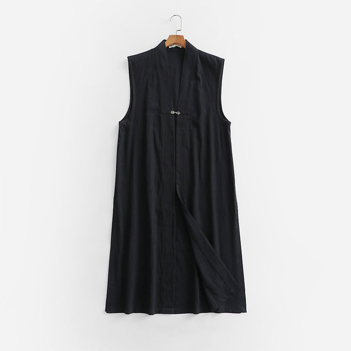 Damen Langer ärmelloser Kimono-Weste aus Leinenmix mit schmaler Schalkante und dekorativem Knebelverschluss Drune