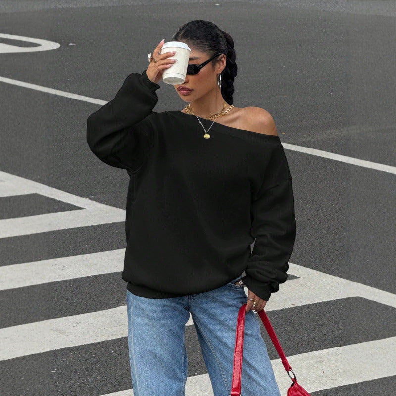 Damen Oversize Off-Shoulder Sweatshirt mit weitem Schnitt und schrägem Ausschnitt Drune