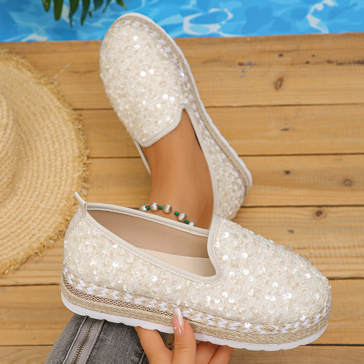 Damen Slip-On Espadrilles mit funkelnden Pailletten und komfortabler Plateausohle Drune