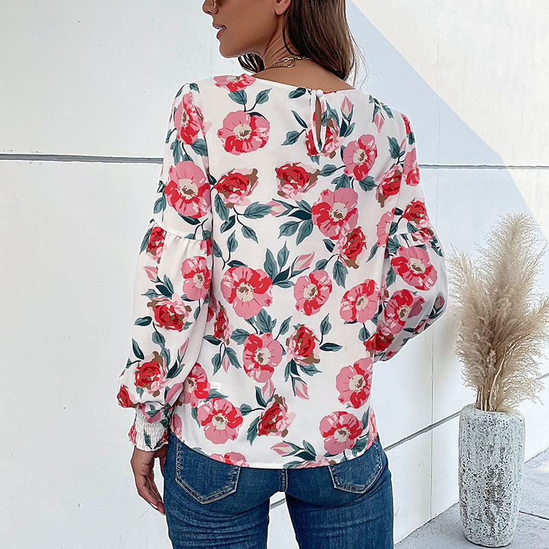 Damen Leichte Bluse mit großflächigem Blumenprint, Volumenärmeln und Smokbündchen Drune