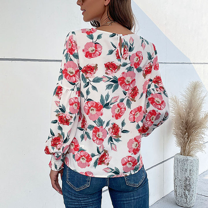 Damen Leichte Bluse mit großflächigem Blumenprint, Volumenärmeln und Smokbündchen Drune