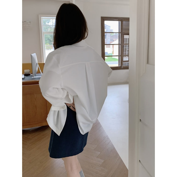 Damen Oversized Hemdbluse aus fließendem Material mit Brusttasche Drune