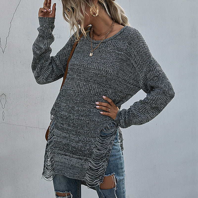 Damen Lässiger Strickpullover mit Fransen Drune