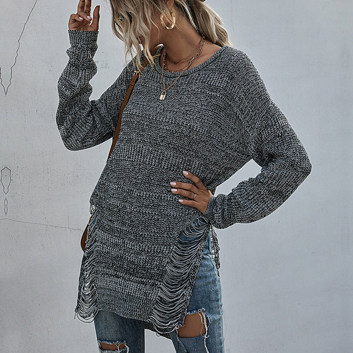 Damen Lässiger Strickpullover mit Fransen Drune