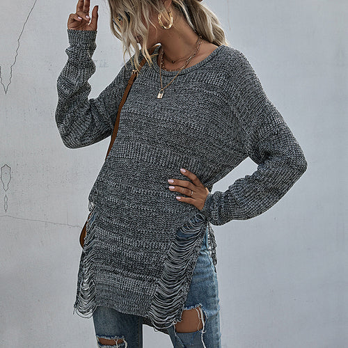Damen Lässiger Strickpullover mit Fransen Drune