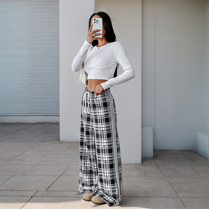 Damen Weite Lounge‑Hose im Karomuster mit elastischem Bund und Kontrast‑Seitpanel Drune
