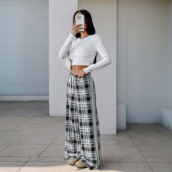 Damen Weite Lounge‑Hose im Karomuster mit elastischem Bund und Kontrast‑Seitpanel Drune