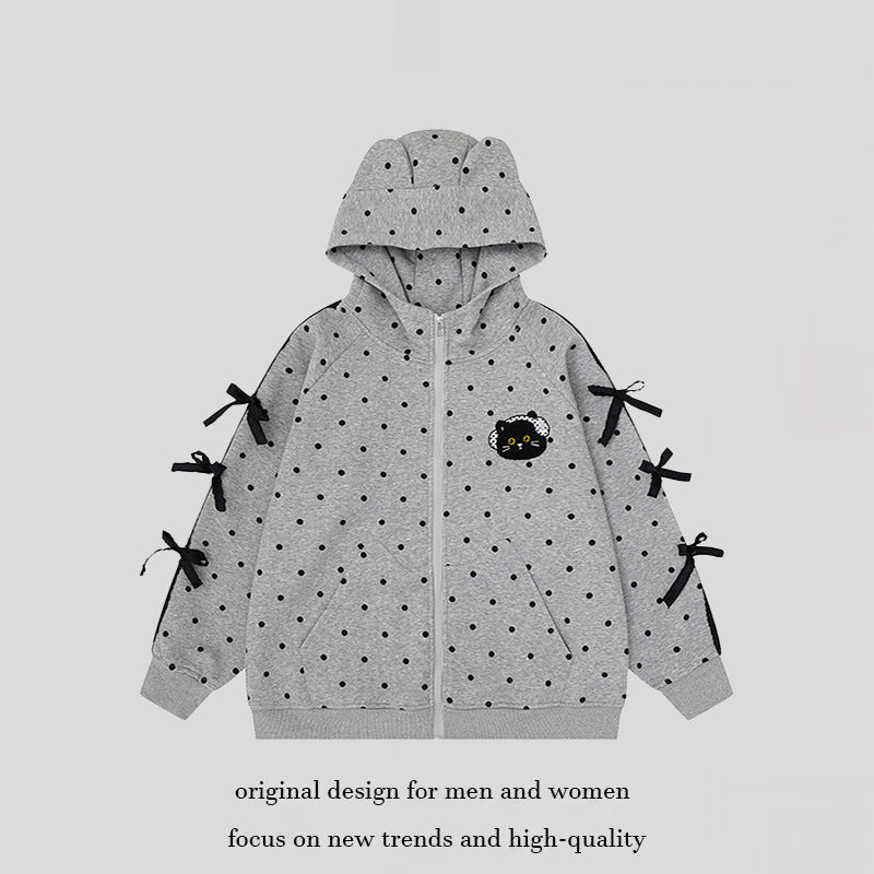 Damen Kapuzen‑Sweatjacke mit Punkte‑Allover, Katzen‑Patch, Schleifenärmeln und Ohrenkapuze Drune