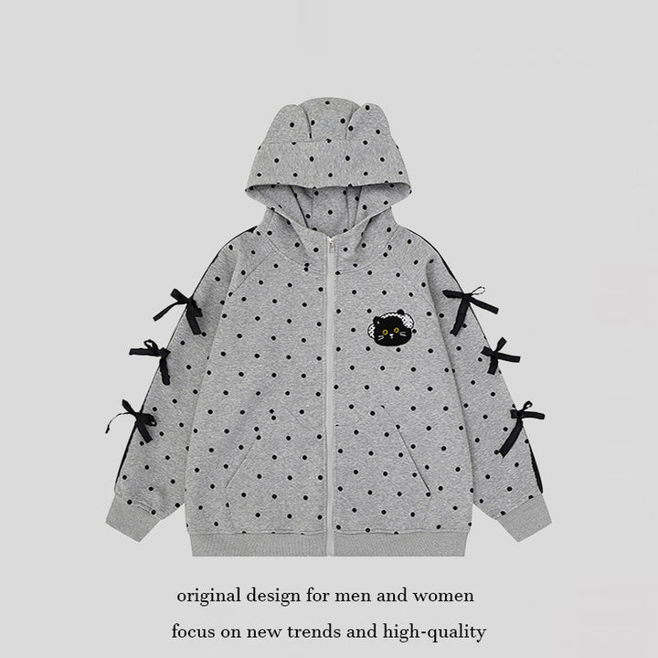 Damen Kapuzen‑Sweatjacke mit Punkte‑Allover, Katzen‑Patch, Schleifenärmeln und Ohrenkapuze Drune