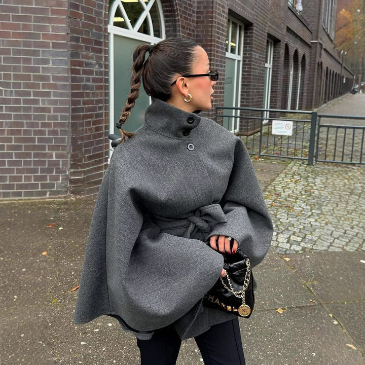 Damen Umhangjacke aus hochwertigem Wollmix mit Taillengürtel Drune