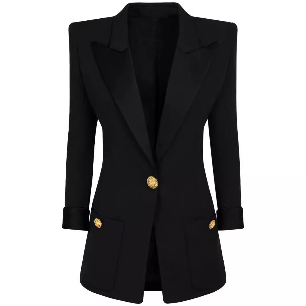 Damen Taillierter Smoking‑Blazer mit Satin‑Schalkragen und dekorativen Medaillonknöpfen Drune
