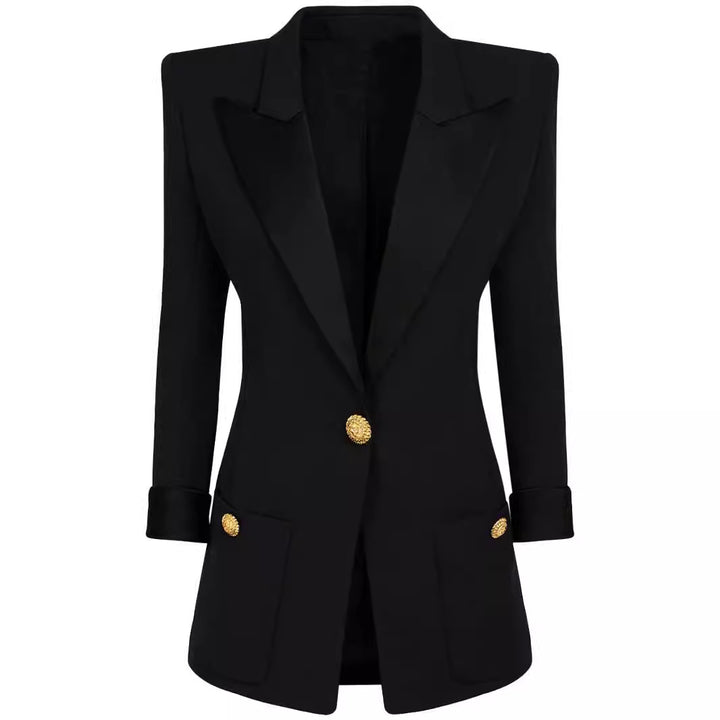 Damen Taillierter Smoking‑Blazer mit Satin‑Schalkragen und dekorativen Medaillonknöpfen Drune