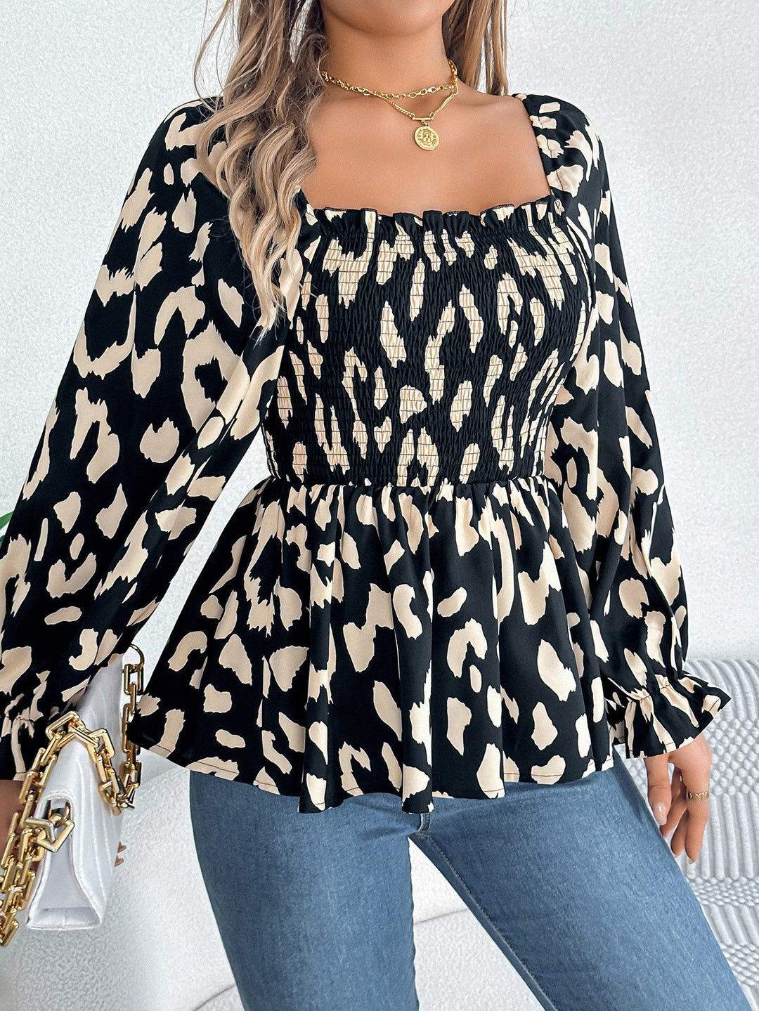 Damen Spitzen Bluse mit Bischofsärmeln und gekräuseltem Oberteil Drune