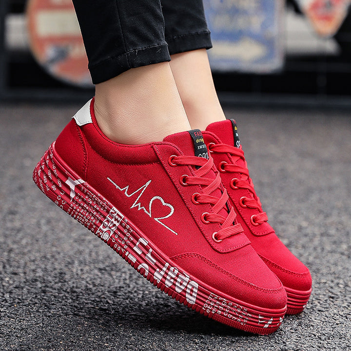 Damen nan Canvas-Sneaker mit dekorativer Print-Plateausohle und Herzlinien-Stickerei Drune