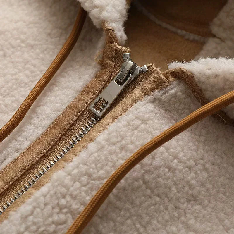 Damen nan kurze Teddy-Fleece Kapuzenjacke mit Reißverschluss und großen Fronttaschen Drune