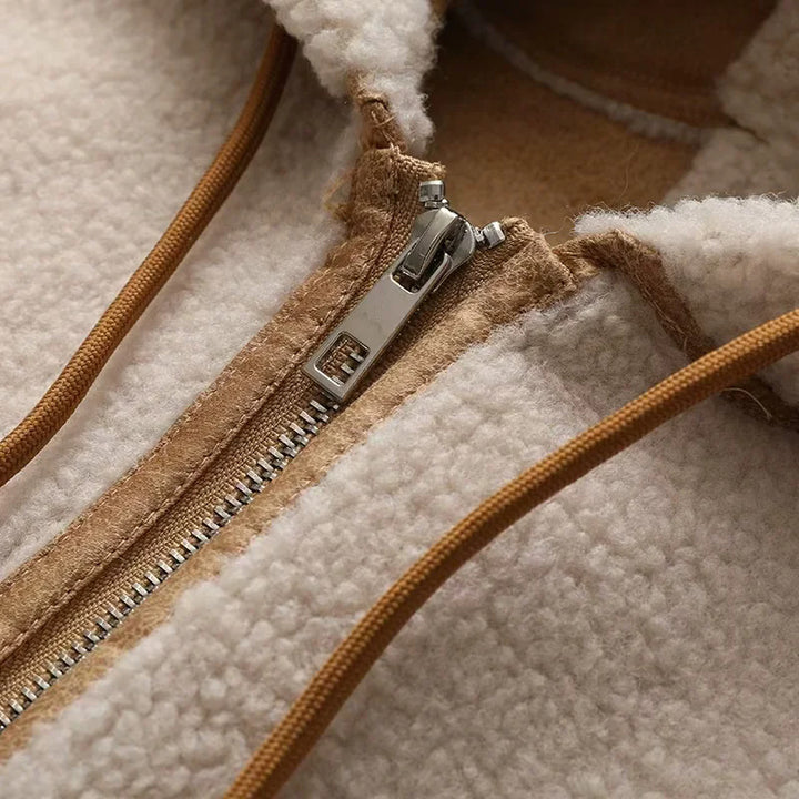 Damen nan kurze Teddy-Fleece Kapuzenjacke mit Reißverschluss und großen Fronttaschen Drune