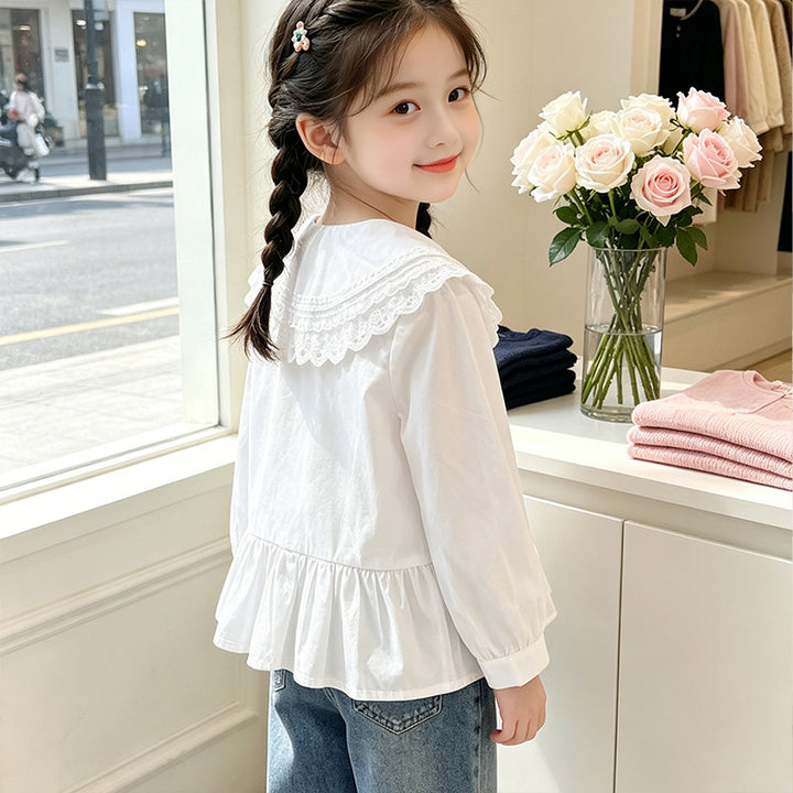 Mädchen elegante Bluse mit Spitzensaum und Rüschendetails Drune