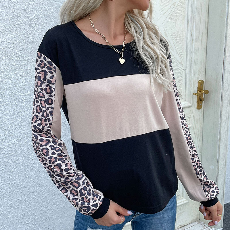 Damen Colorblock-Sweatshirt mit Leopardenärmeln und Rundhalsausschnitt Drune