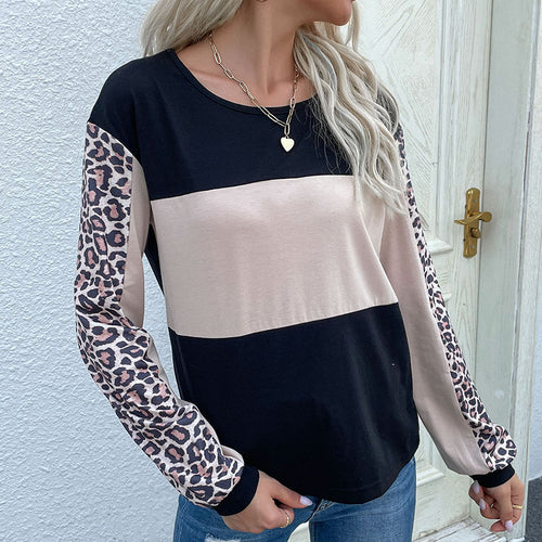 Damen Colorblock-Sweatshirt mit Leopardenärmeln und Rundhalsausschnitt Drune
