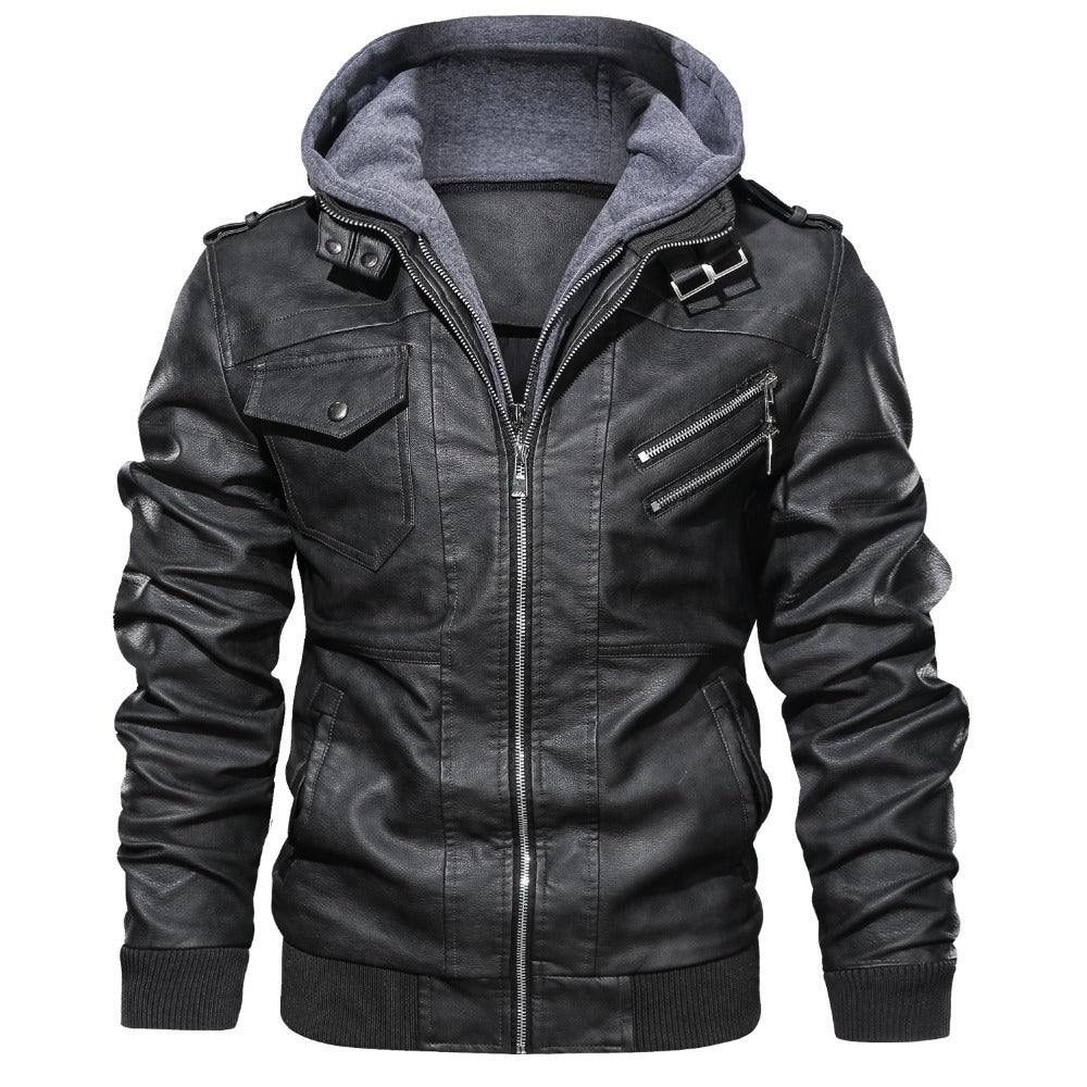 Herren Lederoptik-Utility-Jacke mit Kapuze, Reißverschlusstaschen und Rippbündchen Drune