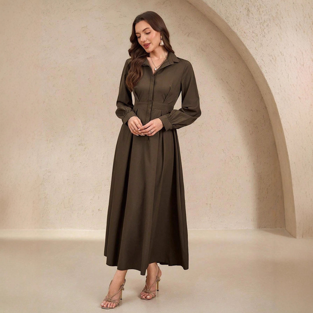 Damen nan langes Hemdblusenkleid mit Taillengürtel, verdeckter Knopfleiste und ballonärmeln Drune