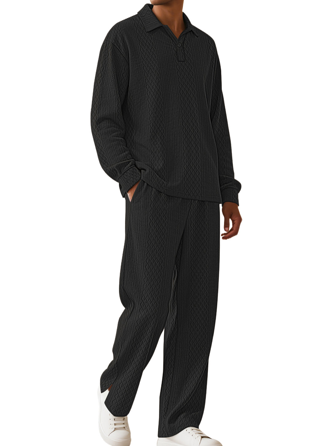 Herren nan Jacquard-Strickset mit Polokragen, legerer Passform und gerader Hose Drune