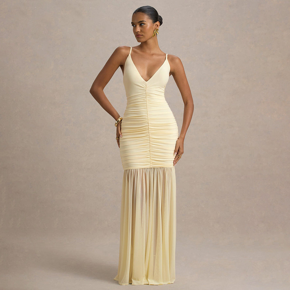 Damen Elegantes bodenlanges Kleid mit raffinierten Rüschendetails Drune