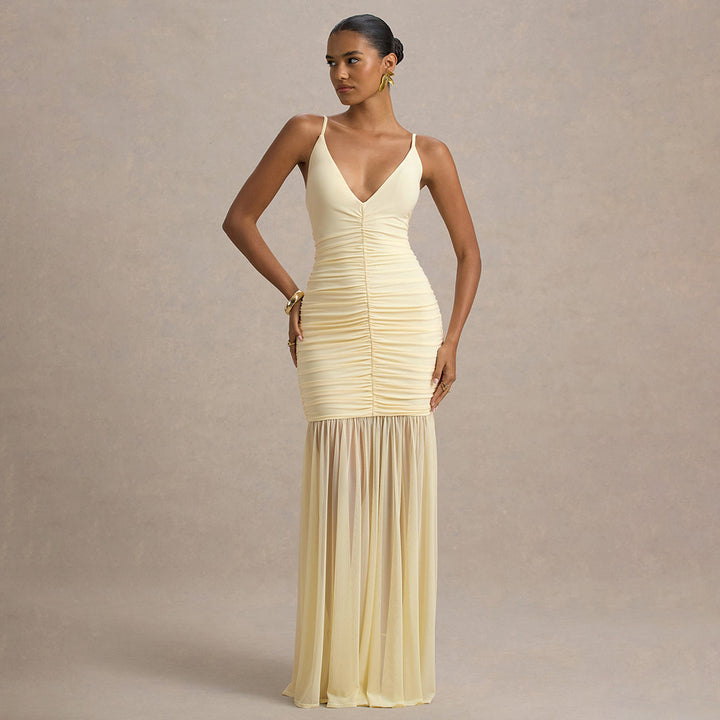 Damen Elegantes bodenlanges Kleid mit raffinierten Rüschendetails Drune