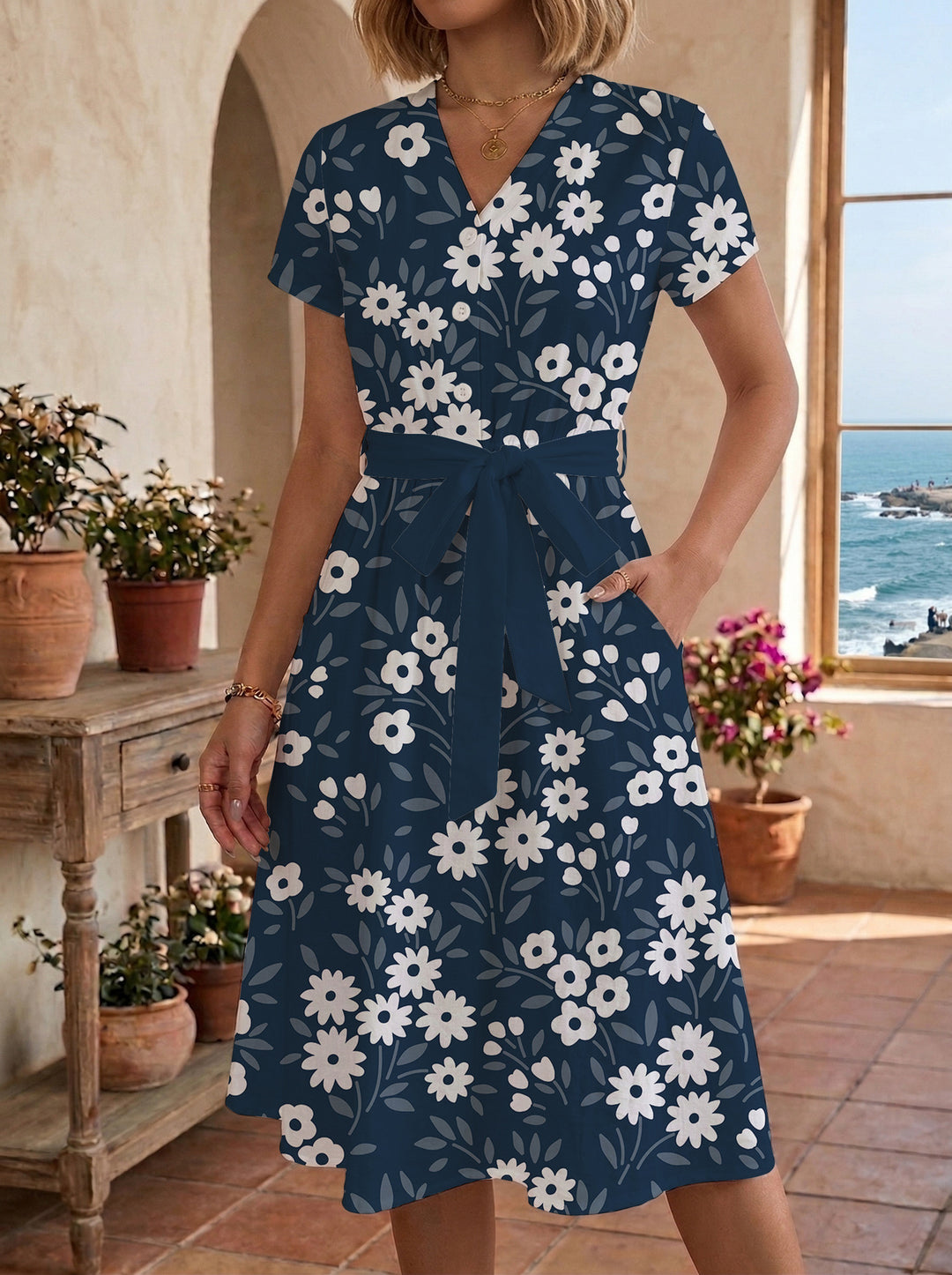 Damen Midikleid mit floralem Muster und Taillengürtel Drune