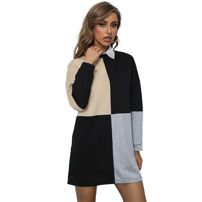 Damen Longline-Sweatkleid mit Hemdblusenkragen, Colorblock-Panels und lockerer Passform Drune
