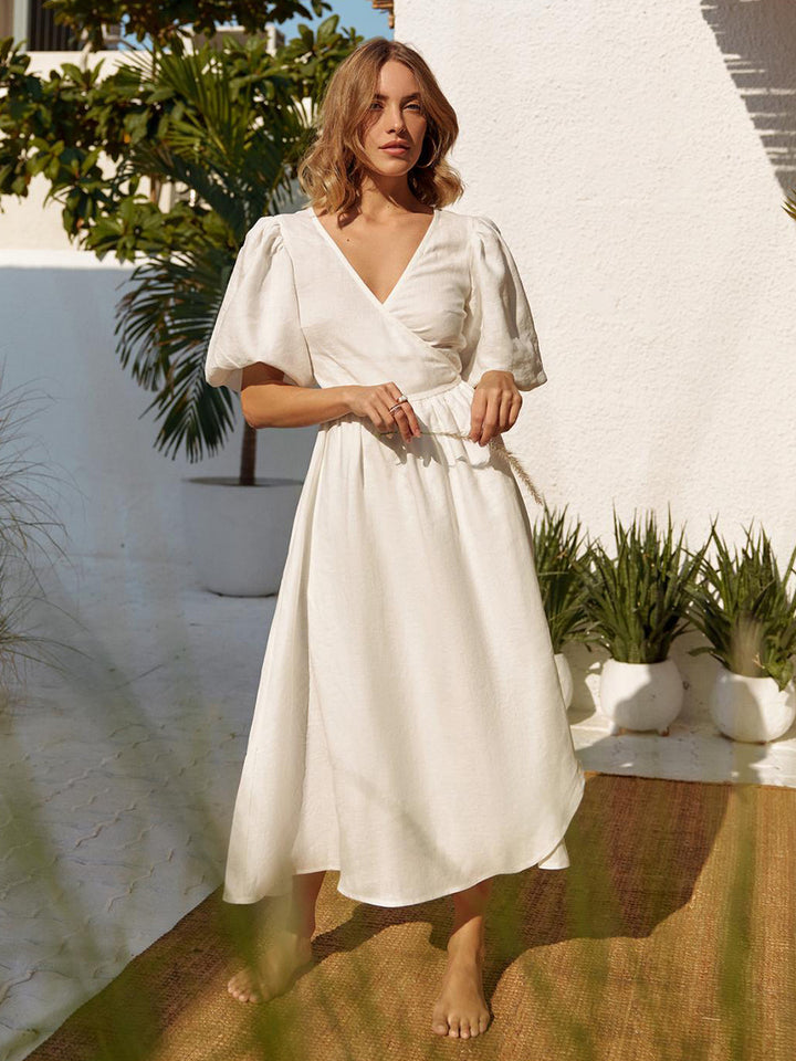 Damen lässiges Leinenkleid mit Ballonärmeln und tailliertem Gürtel Drune
