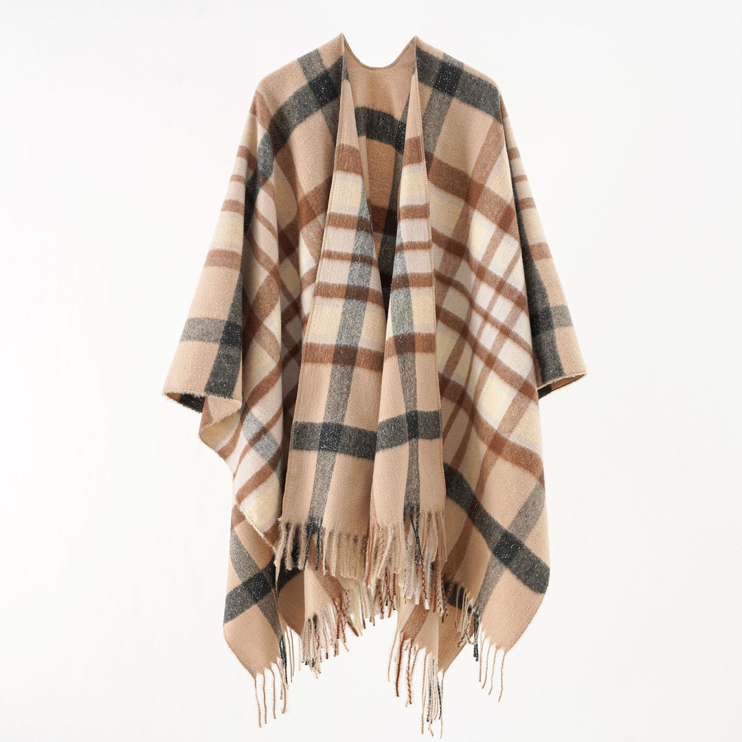 Damen Übergroßer Karierter Wollponcho mit Fransen Drune