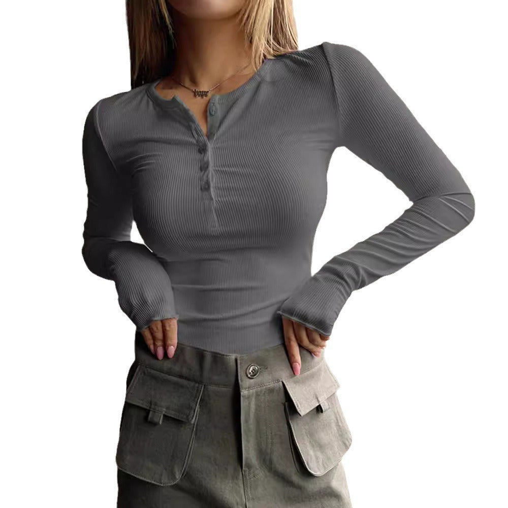 Damen Langarmshirt mit Knopfleiste und figurbetontem Schnitt Drune