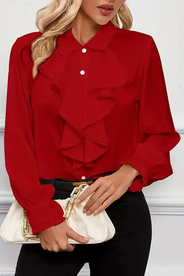 Damen Elegante Rüschenbluse mit Volants, Hemdkragen und Manschetten Drune