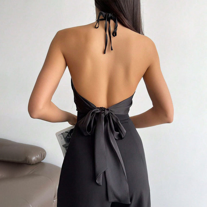 Damen elegantes Haltertop mit glänzendem Stoff und dekorativem Knoten Drune