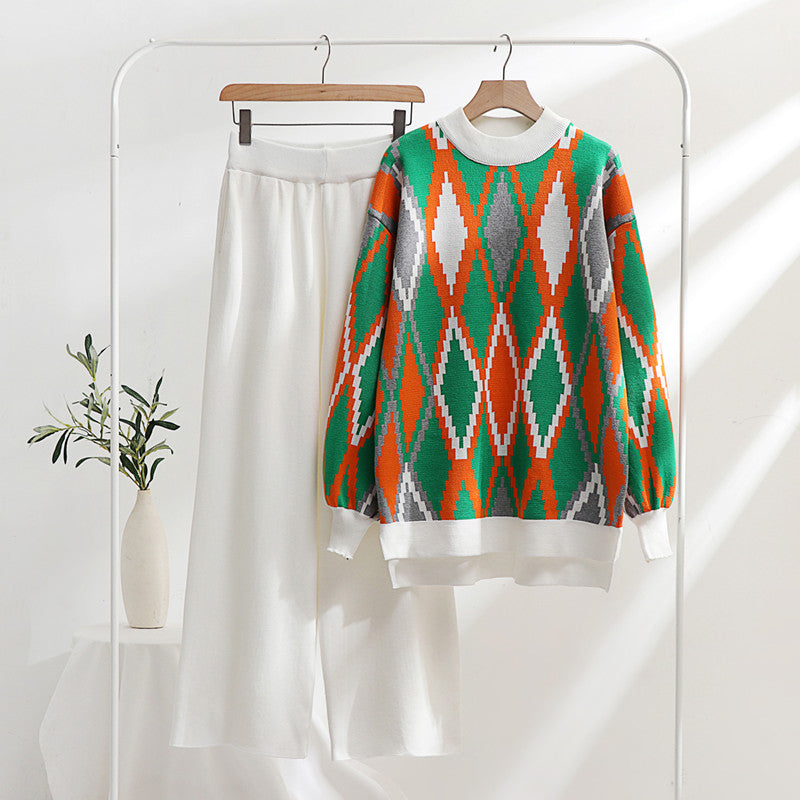 Damen modisches Strick-Loungewear-Set mit geometrischem Muster und weitem Schnitt Drune