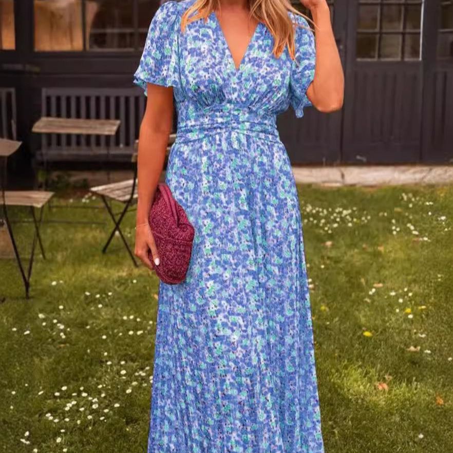 Damen Maxikleid mit elegantem V-Ausschnitt und verspieltem Puffärmel Drune