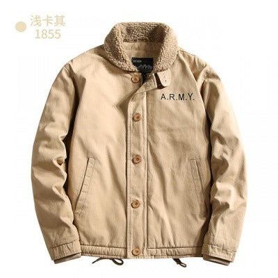 Herren nan gefütterte Canvas-Pilotjacke mit Teddykragen, verdeckter Knopfleiste und verstellbarem Kordelzugsaum Drune