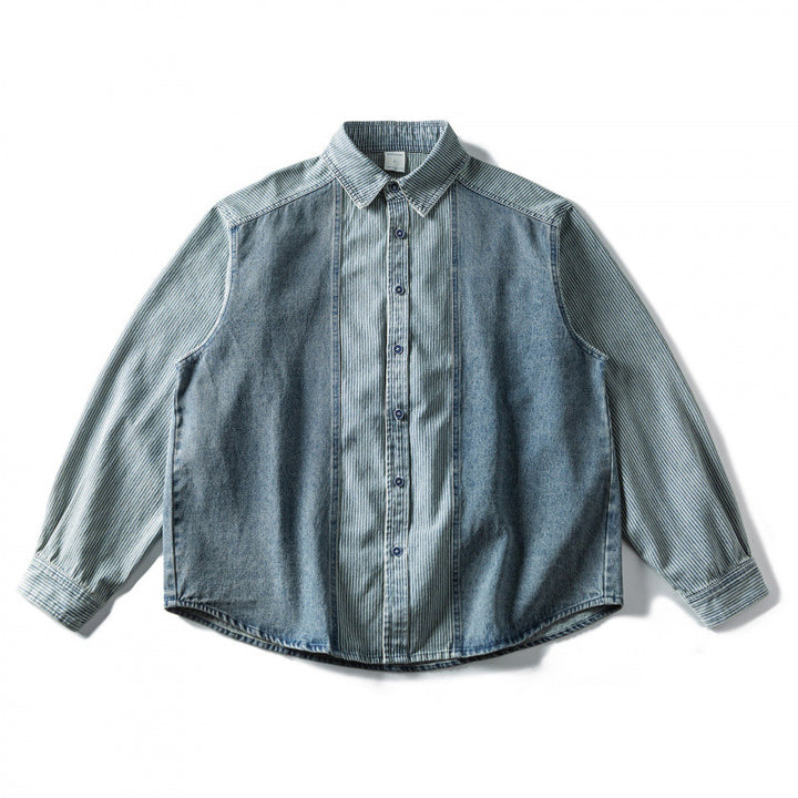Unisex Weites zweifarbiges Denim-Hemd mit Streifenmix und kastigem Oversize-Schnitt Drune