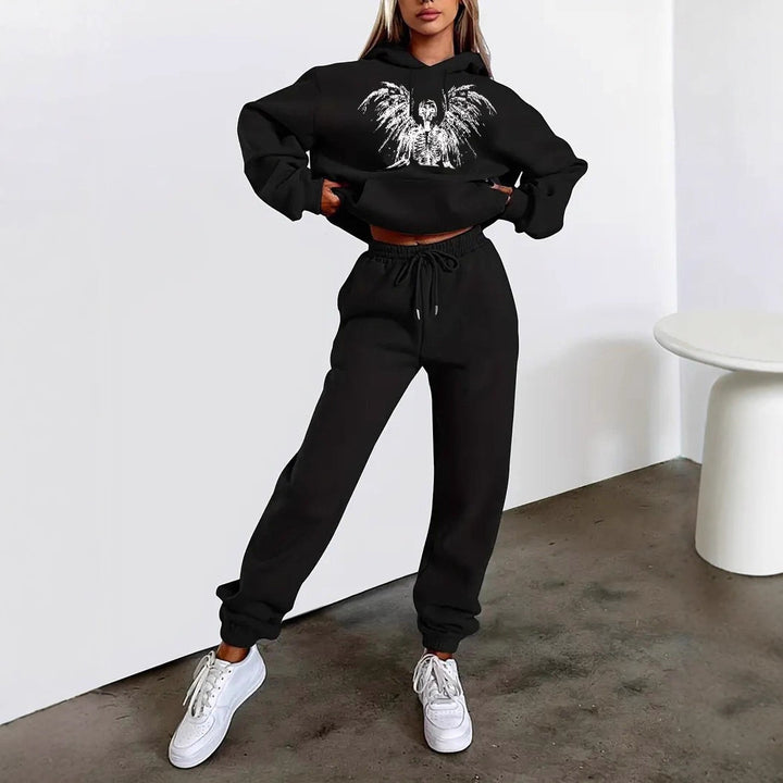 Damen nan zweiteiliges Lounge-Set Kapuzenpullover Cropped und High-Waist Jogginghose mit Engelsmotiv und elastischem Bund Drune