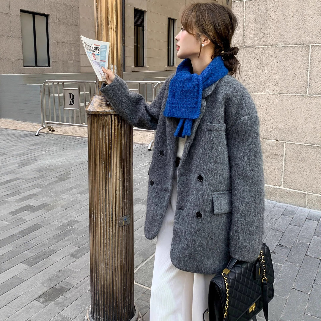 Damen Grobgestrickter Wollmix-Longmantel mit Oversize‑Silhouette und doppelreihiger Knopfleiste Drune