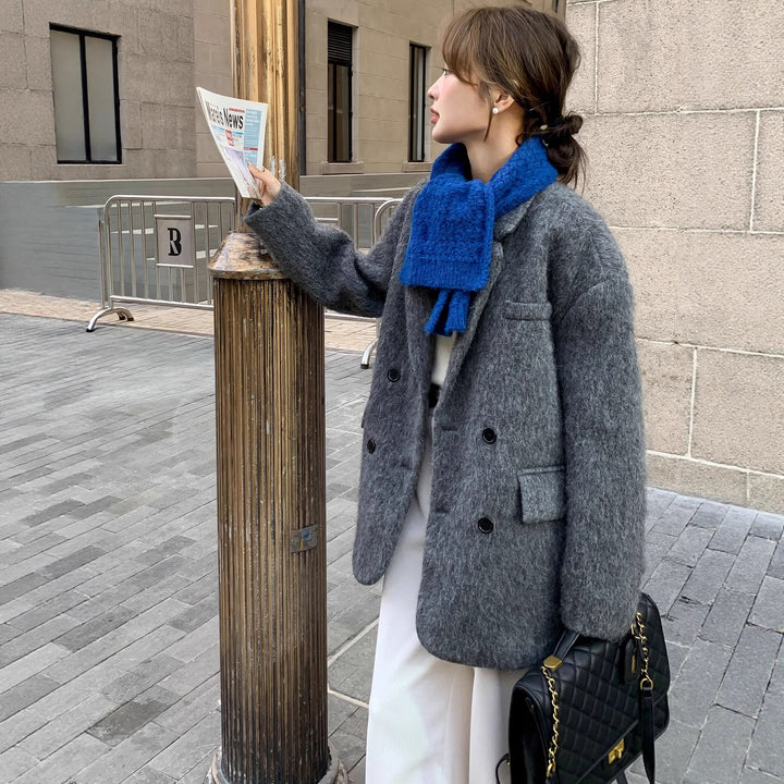 Damen Grobgestrickter Wollmix-Longmantel mit Oversize‑Silhouette und doppelreihiger Knopfleiste Drune