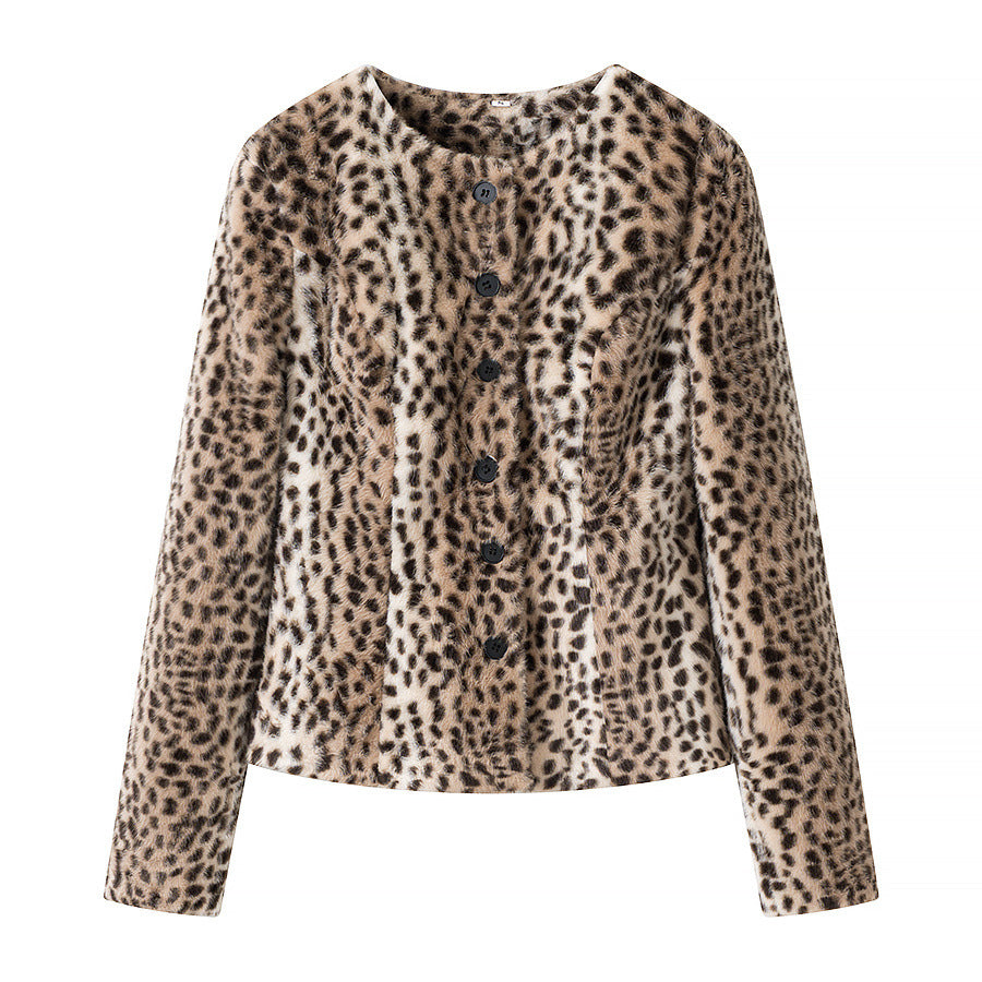 Damen Kurzjacke aus Kunstpelz mit Leopardenmuster und Rundhalsausschnitt Drune