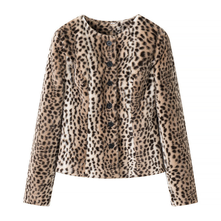 Damen Kurzjacke aus Kunstpelz mit Leopardenmuster und Rundhalsausschnitt Drune